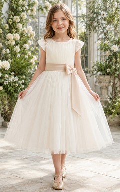 Simple Tea-Length A-Line Garden Flower Girl Satin Tulle Bow Pleated Jewel Neck Dress