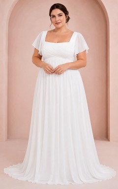 Vestido de novia de gasa de talla grande con cuello cuadrado y mangas con volantes