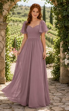 Mauve Chiffon A-Line V-Neck Flutter Sleeve Pleated Low Back Floor-Length Bridesmaid Dress