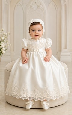 Vestido de satén y encaje de corte A con mangas abullonadas para bautizo de bebé.