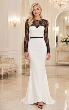 White Black Long Sleeve Bateau Lace Jersey Mermaid Floor-Length Elegant Formal Gown