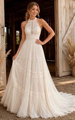 Robe de mariée chapelle en tulle dos nu à volants et dentelle, coupe trapèze