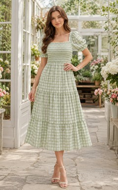 Sage Gingham Smocked Square Neck Puff Sleeve Midi Dress