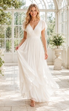 Boho White V-Neck Flutter Sleeve Chiffon Floor-Length Beach Dress