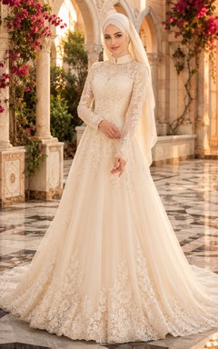 Robe de bal en dentelle avec hijab musulman, robe de mariée pour cour en marbre