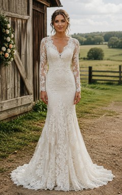 Long Sleeve Mermaid Lace Country Wedding Dress with Scalloped V Back Train
