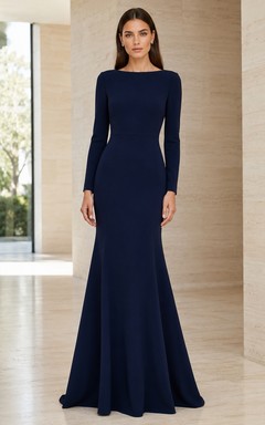 Dark Navy Long Sleeve Crepe Fit And Flare Formal Dress