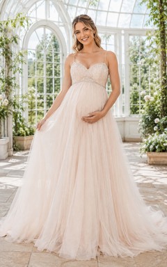 Vestido de novia romántico de tul con cola larga y tirantes finos para embarazadas