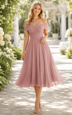 Mauve Off-the-Shoulder Lace Bodice Tea-Length A-Line Dress