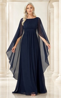 Dark Navy Elegant Jewel Chiffon-Tulle Long-Sleeve A-Line Floor-Length Dress