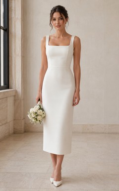 White Square Neck Sheath Tea Wedding Dress