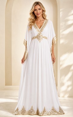 White Gold Chiffon Bell Sleeve V-Neck A-Line Floor Length Kaftan Dress
