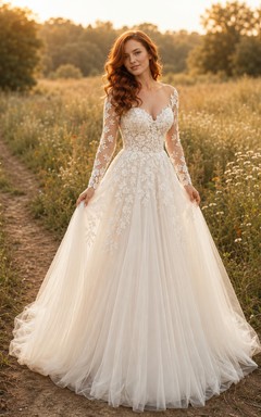 Robe de mariée en dentelle et tulle, coupe trapèze, bustier cœur, manches longues, traîne.