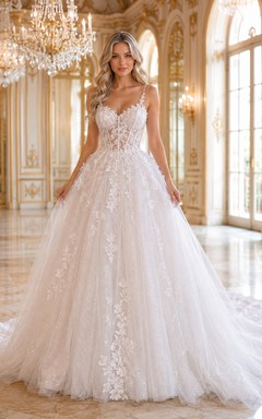 Suknia Slubna Spaghetti Strap Sweetheart Tulle Ball Gown Chapel Train Luxury Wedding Dress