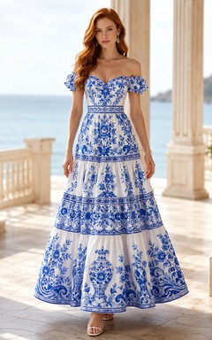 Blue Porcelain Print Off Shoulder Tiered Maxi Dress