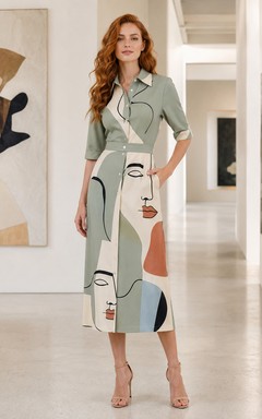 Vestido midi con cuello y botones de camisa con estampado abstracto de cara color salvia