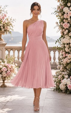 Blushing Pink One-Shoulder Pleated Chiffon Tea-Length Dress