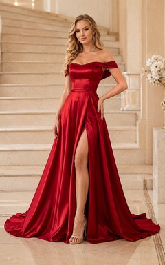Red Off Shoulder Satin A-Line Floor-Length Split Prom Dress