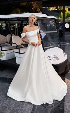 Modern Off-the-Shoulder Satin Ballgown Wedding Dress with Pleated Bodice