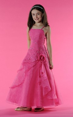 Flower Girl Spaghetti Straps Flower Side Drape Tulle Gown With Embroidery