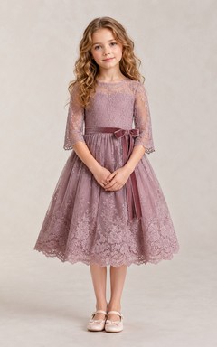 Flower Girl Dress Vintage Mauve Tulle A-Line Jewel Neck Tea Length Pleated