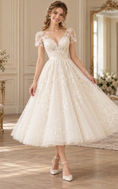 Vintage Tea-Length V-Neck Cap Sleeve Floral Tulle Wedding Dress