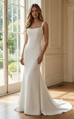 Minimalist Wedding Dress Mermaid Square Neck Sleeveless Satin Bridal Gown