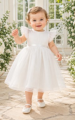 Flutter Sleeve Baptism Dress A-Line Organza Tulle Jewel Neck Simple Bow Back
