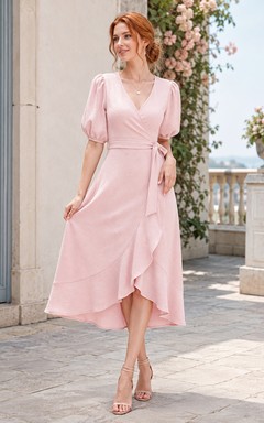 Light Pink Chiffon Wrap Short Sleeve Pleated A-line Midi Dress