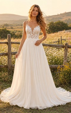 Vestido de novia campestre de gasa y encaje, corte A, escote en V, sin mangas, cola de capilla, espalda baja en V.