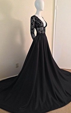 Sexy schwarzes langärmeliges Spitzenkleid mit V-Ausschnitt und A-Linien-Schnitt