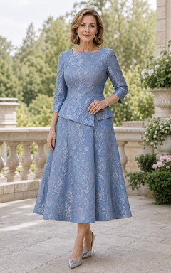 Robe de mère bleu acier, longueur thé, dentelle bateau, coupe trapèze, longueur thé