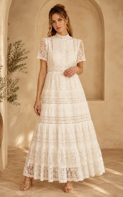 Boho Modest Ivory High Neck Lace A-Line Ankle-Length Dress