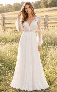 Vestido de compromiso largo hasta el suelo, estilo bohemio, con escote en V y encaje, manga larga y corte en A.