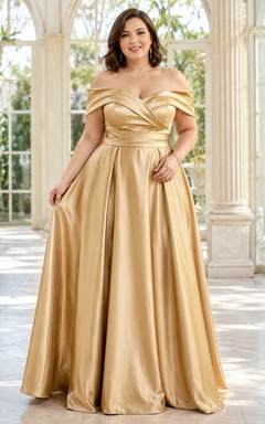 Gold Plus Size Off Shoulder Satin Ball Gown Formal Evening Dress