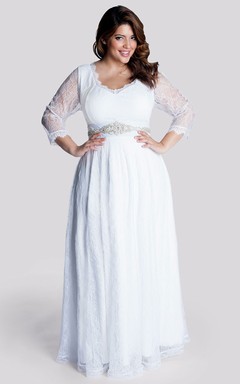 A-Linien-Kleid in Bodenlänge mit V-Ausschnitt, langen Ärmeln, Spitze an der Taille, Schmuck und Reißverschluss