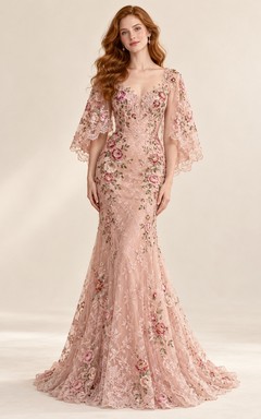 Blushing Pink Rose Embroidered Cape Sleeve Lace Evening Gown