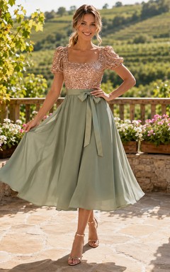 Vestido formal moderno de gasa color verde salvia con lentejuelas y corte en A hasta la rodilla