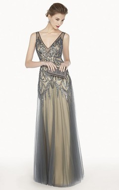 V Neck Sleeveless A-Line Tulle Long Prom Dress With Sequined Embroidery