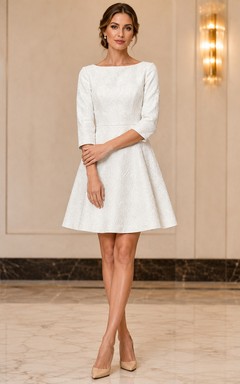 Minivestido formal de corte A de satén blanco de alto contraste con escote barco y mangas largas.