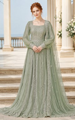 Vestido de madre modesto de gasa de encaje color celadón con cuello joya, mangas abullonadas y cola larga.