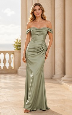 Sage Off-the-shoulder Petal Sleeve Satin Sheath Floor-length Sexy Evening Dress