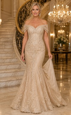 Champagnerfarbenes schulterfreies Pailletten-Spitzen-Meerjungfrauenkleid für Mütter