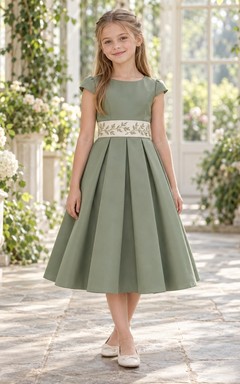 Sage Contrast Leaf Sash Cap Sleeve Pleated Flower Girl Dress