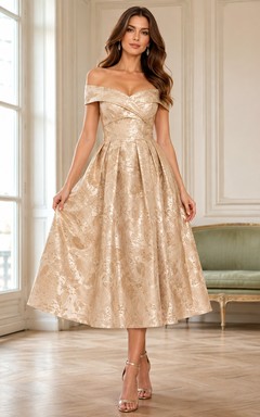 Vestido de invitada Cerimonia Champagne con escote corazón, hombros descubiertos, jacquard tafetán, pliegues, corte en A, largo hasta la rodilla.