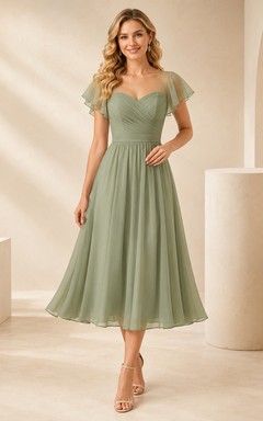 Celadon Tea-Length Sweetheart Flutter Sleeve Chiffon Romantic Wedding Guest Dress