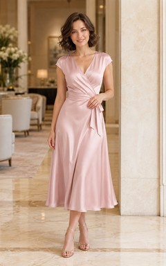Robe de cocktail mi-longue fourreau en satin rose poudré à col en V, coupe portefeuille, taille basse, taille basse, en satin.
