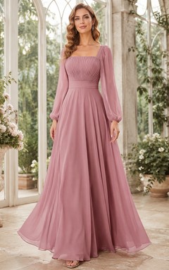 Vintage-Mauve Romantic Square Long-Sleeve Chiffon A-Line Floor-Length Elegant Dress