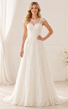Brautkleid mit kurzen Ärmeln, Spitze, A-Linie, strahlend weiß