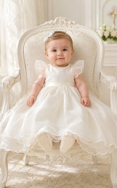 Flutter Sleeve Christening Dress A-Line Organza Tulle Jewel Neck Ruffle Hem